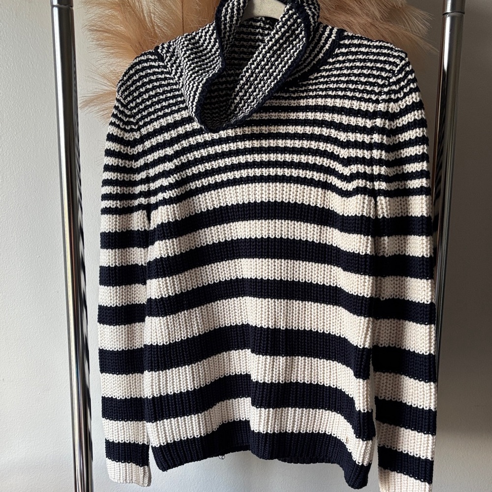 Basler Black/Blue and White Striped Turtleneck Sweater